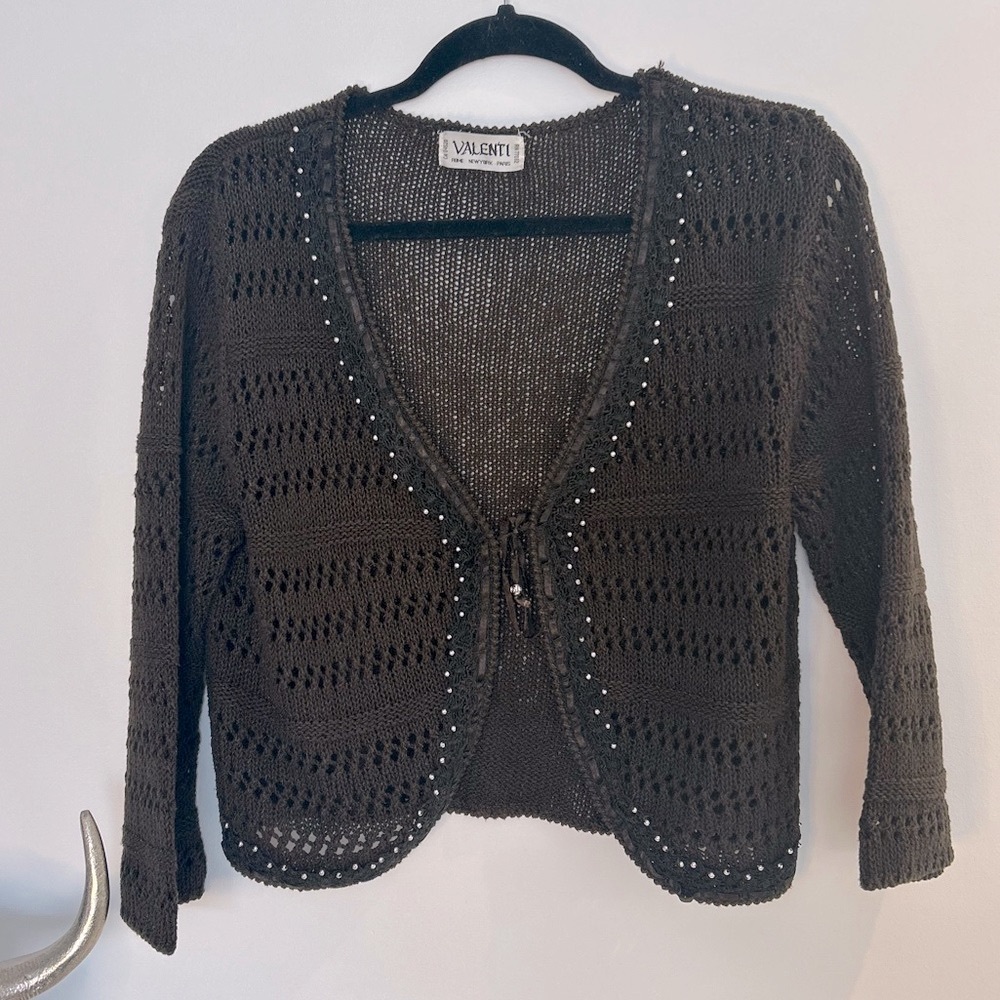 Valenti Vintage Brown Mesh Crochet Ribbon Button-Front Cardigan